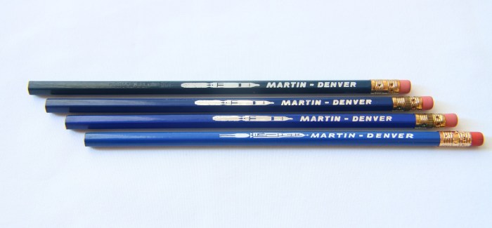 Pencils lined up according to hypothesized date of production, oldest at top. First three have Titan I rockets, last one has the Titan II rocket