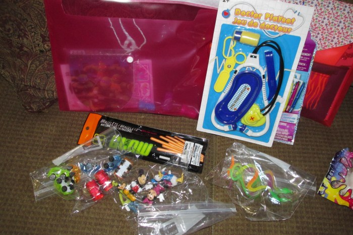 the doctor kit is always a big hit, and extra small cars and glow sticks are cheap and can be lost without worry.